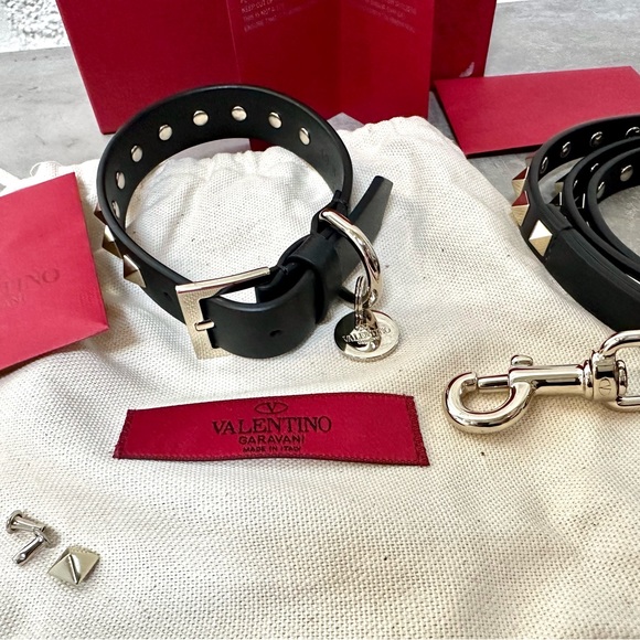 VALENTINO GARAVANI Leather Rockstud Pet Dog Leash + Collar Black Sz M (F) Italy - Picture 3 of 5
